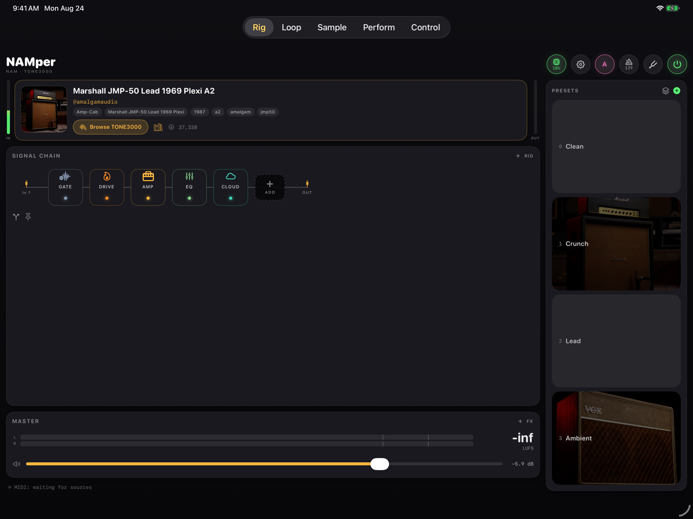 NAMper on iPad: two-column rig layout with the preset rail