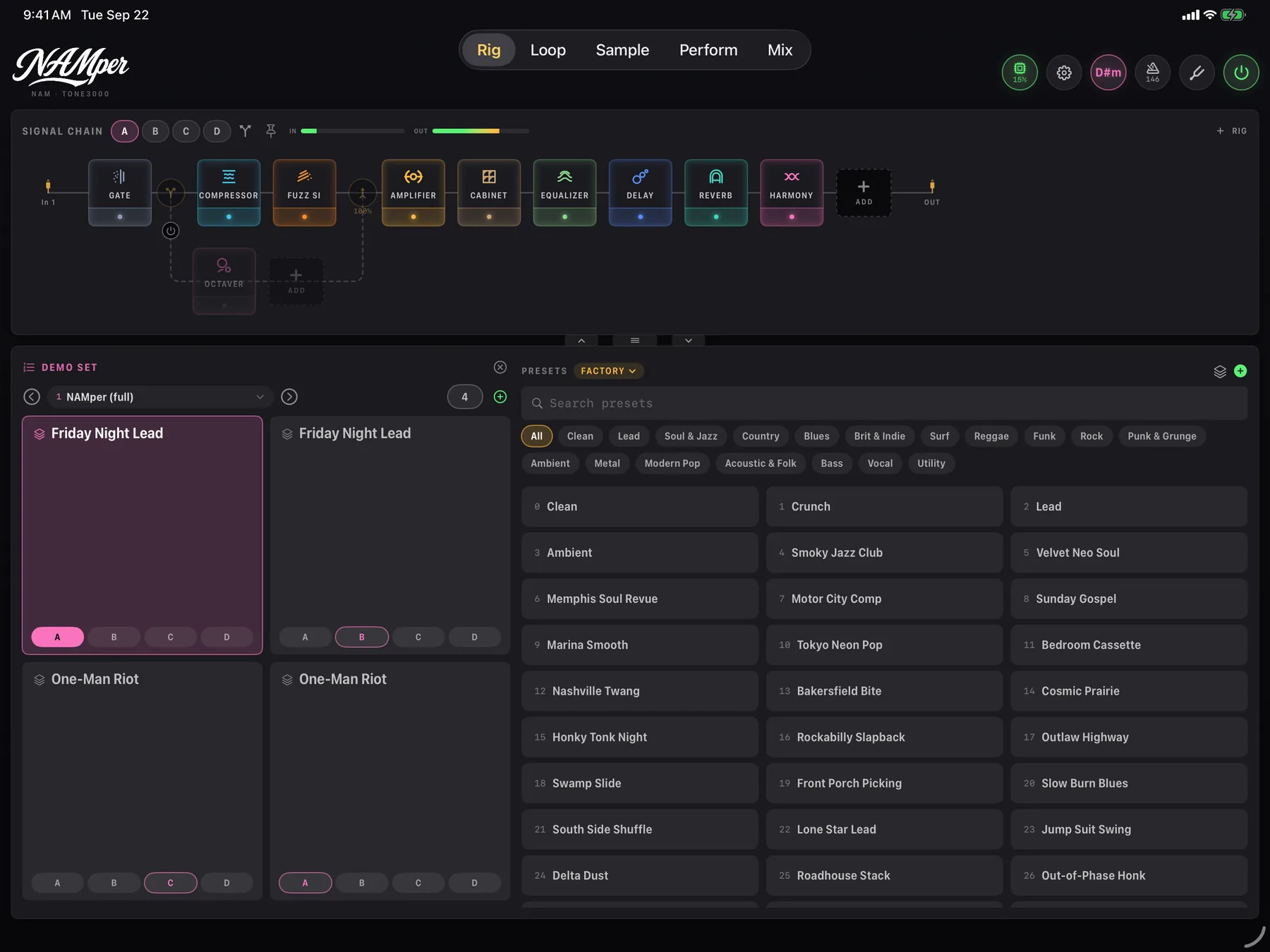 NAMper on iPad: two-column rig layout with the preset rail