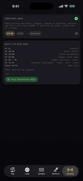 The Control tab: MIDI and input triggers