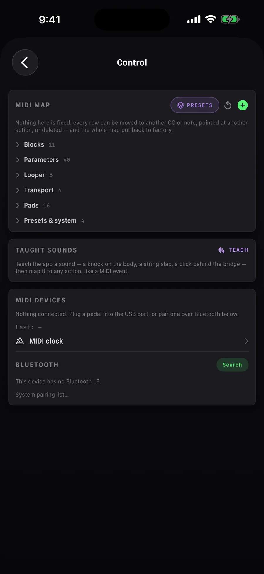 Settings, Control: the control map and the built-in MIDI map