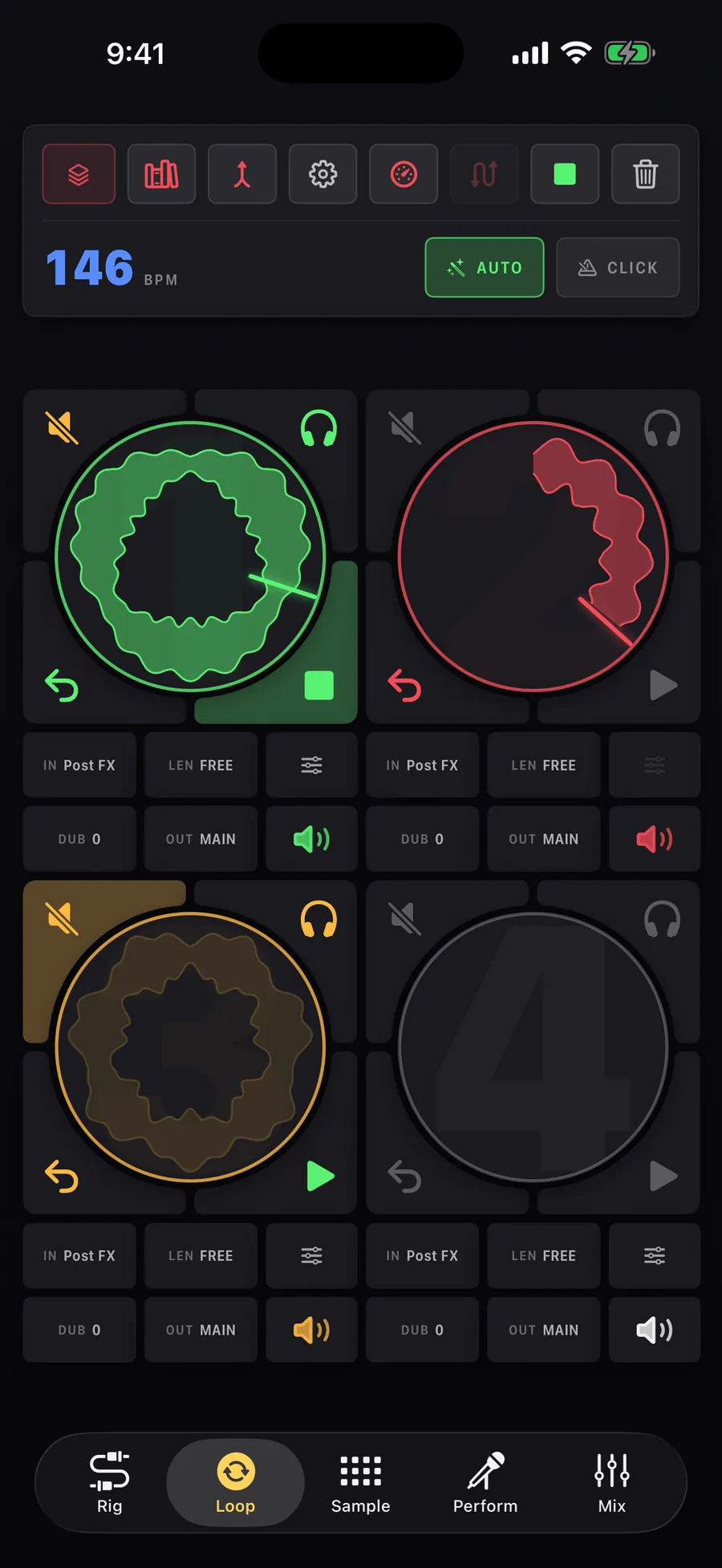 The Loop tab: four synced loop tracks with circular pads