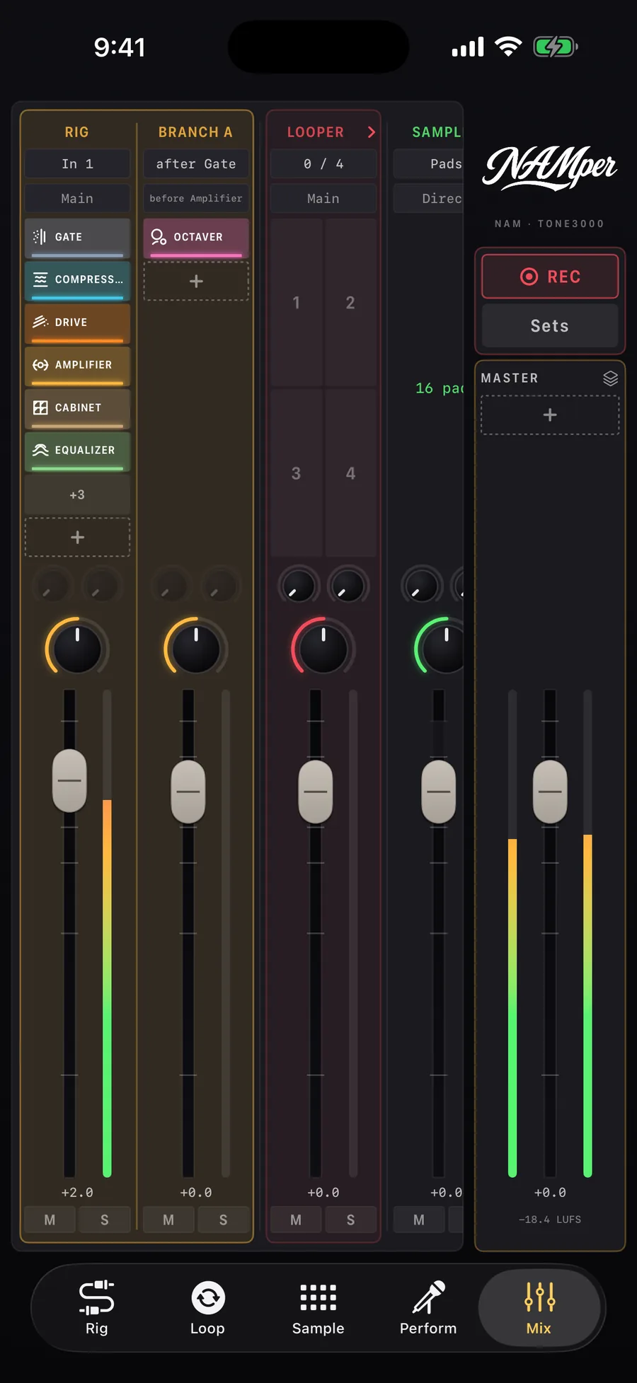 The Mix tab: channel strips with faders, sends and meters, and the master section
