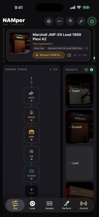 The Rig tab: amp head, signal chain and presets