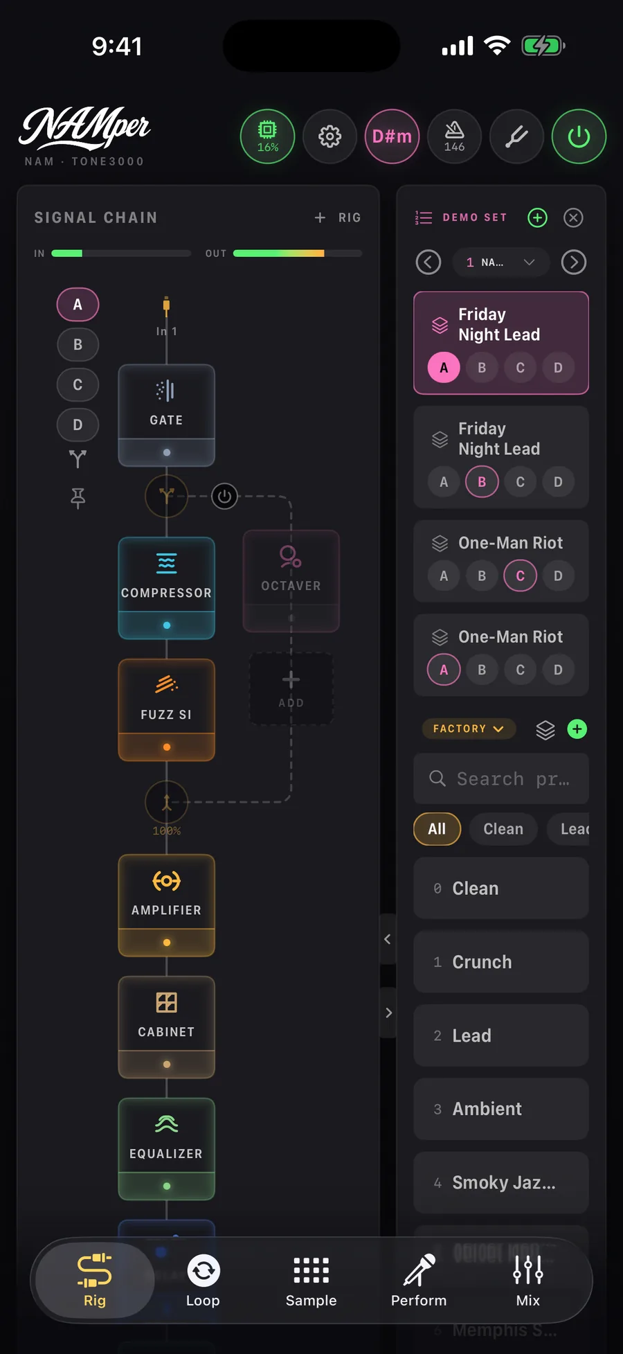 The Rig tab: the signal chain of blocks with its meters, and the preset rail beside it