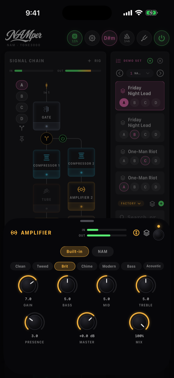 The Amplifier block on its NAM side: the capture's title and cover art, the Browse TONE3000, Library and Load file buttons, Bank: 3 underneath, and the Model knob reading 1/3 between the input and output trims.
