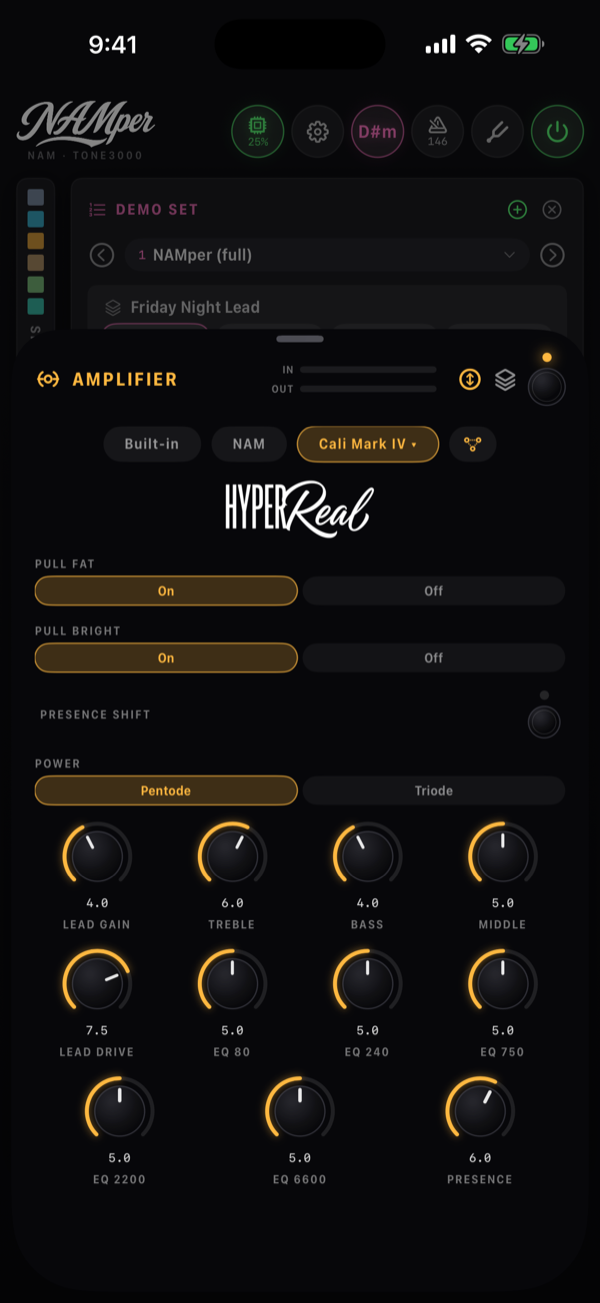 The Amplifier block on its third source: the Built-in, NAM and Cali Mark IV chips with the circuit button beside them, the HyperReal mark, the amp's switches as chips and a toggle, and its knobs.