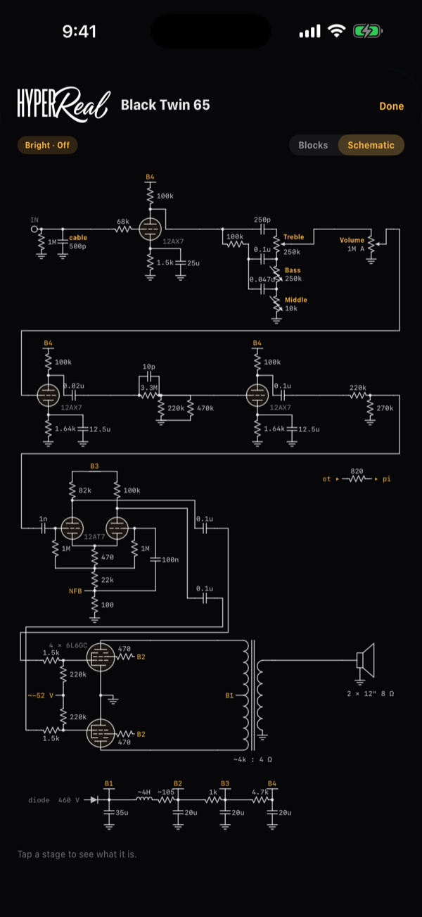 The schematic of Black Twin 65: the preamp tubes, the tone stack with its pots, the phase inverter, four 6L6GC power tubes, the output transformer and the speaker, and the supply chain along the bottom.
