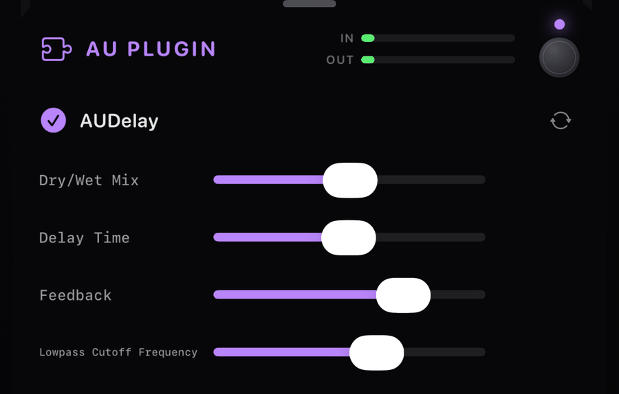 Ein Audio-Unit-Plugin, gehostet in einem NAMper-Block: eine Statuszeile mit dem Plugin-Namen oben und darunter eine Spalte generischer Parameter-Schieberegler.