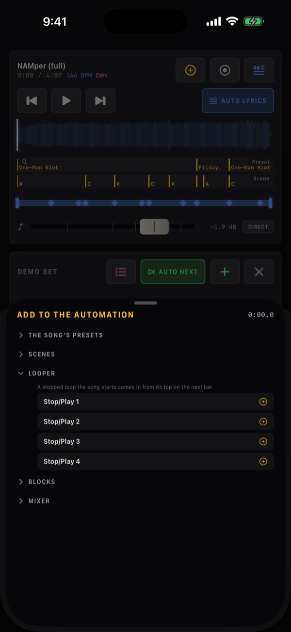 Карточка ADD TO THE AUTOMATION поверх карточки плеера, позиция 0:00.0: свёрнутые группы THE SONG'S PRESETS, SCENES, LOOPER, BLOCKS и MIXER; группа Looper раскрыта — подсказка и Stop/Play с 1 по 4, у каждой кнопка добавления.