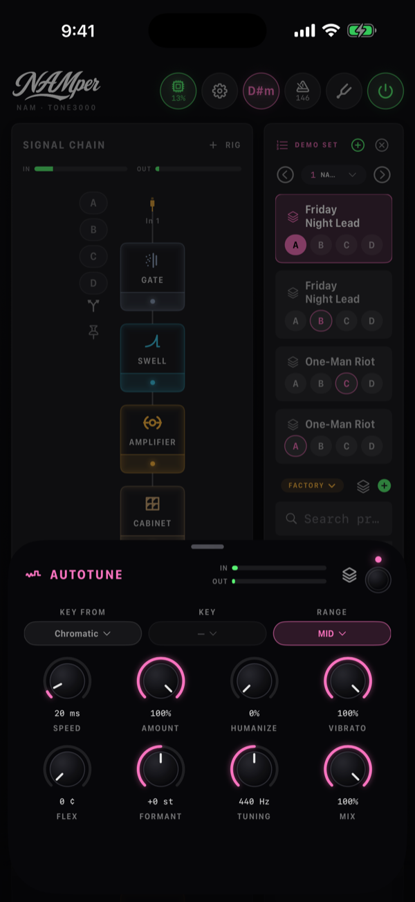 The Autotune block sheet: the Key from menu, the Range chips, and the Speed, Amount, Humanize, Vibrato, Flex, Formant and Tuning knobs.