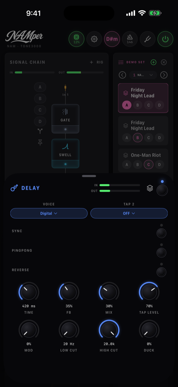 The Delay block sheet: the Voice menu, the Sync switch, the Time, FB and Mix knobs, Tap 2 with its level, Mod, Low cut, High cut and Duck.