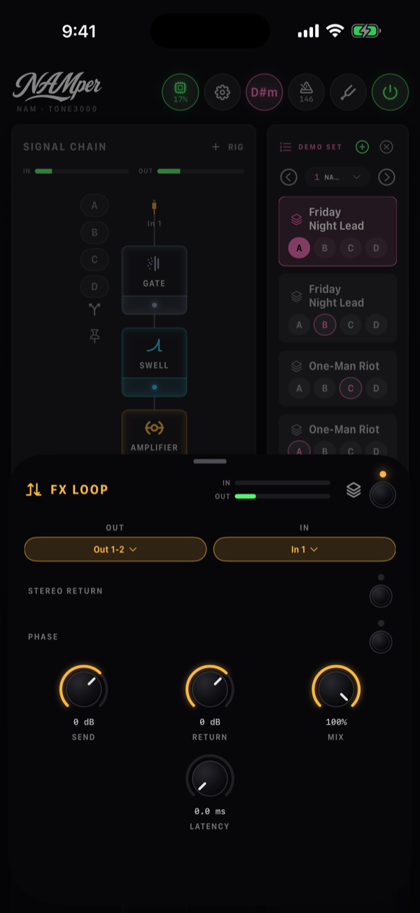 The FX Loop block sheet: the Out and In menus naming the interface's jacks, the Send, Return, Mix and Latency knobs, and the Stereo return and Phase switches.