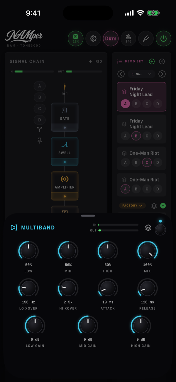 The Multiband block sheet: the Low, Mid and High knobs, the two crossovers, Attack, Release and a gain per band.