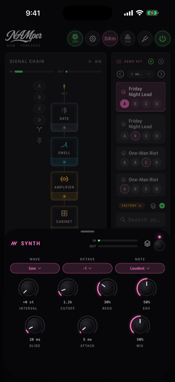 The Synth block sheet: the Wave and Octave menus, the Interval, Cutoff, Reso, Env, Glide, Attack and Mix knobs and the Note menu.