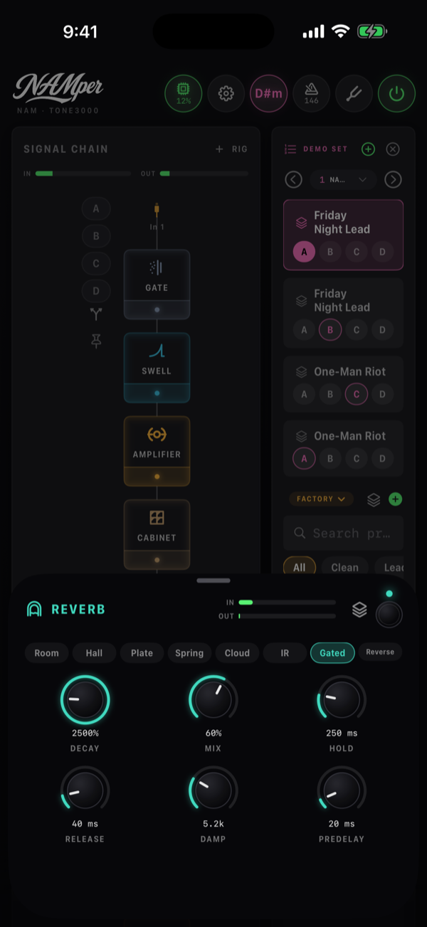 The Reverb block sheet on the Gated type: the type chips across the top and the Decay, Hold, Release, Damp and Predelay knobs.