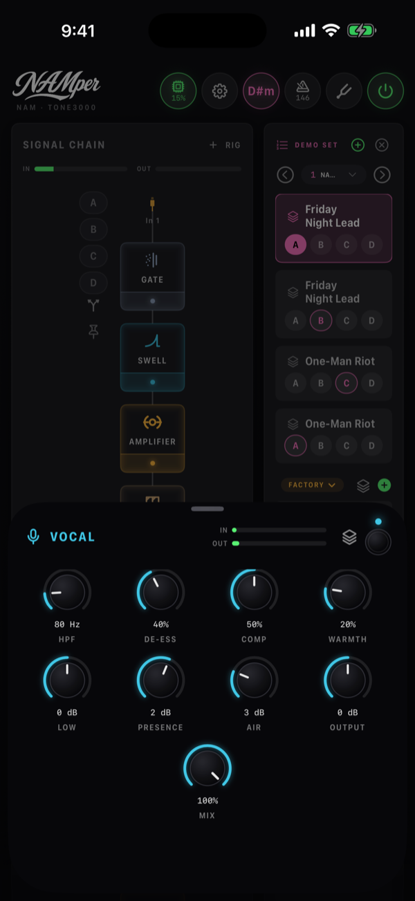 The Vocal block sheet: the HPF, De-ess, Comp, Warmth, Low, Presence, Air and Output knobs.