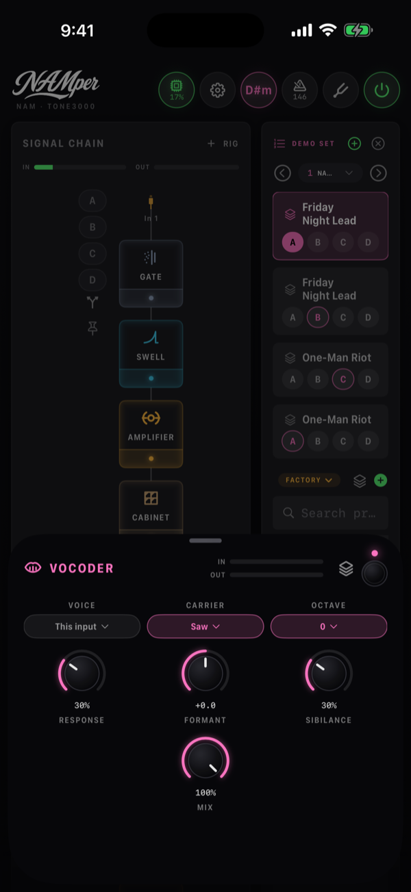 The Vocoder block sheet: the Voice, Carrier and Octave menus with the Response, Formant, Sibilance and Mix knobs.