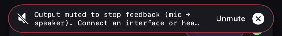 แบนเนอร์: Output muted to stop feedback (mic to speaker). Connect an interface or headphones. พร้อมปุ่ม Unmute