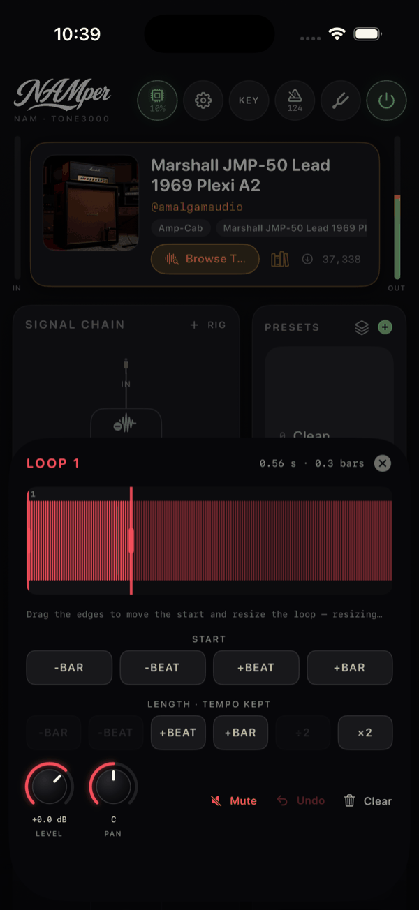 The loop editor sheet over the looper: a waveform with a bar and beat grid, draggable start and end handles, the START and LENGTH TEMPO KEPT button rows, Level and Pan knobs, and Mute, Undo and Clear buttons.
