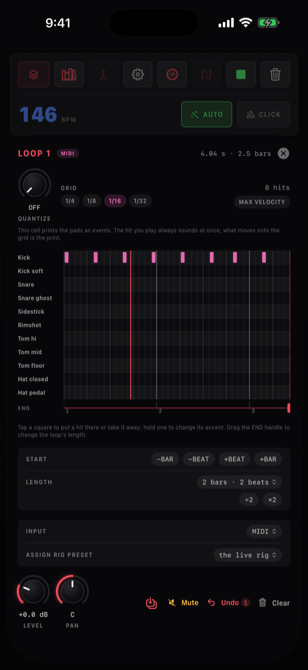 Редактор MIDI-ячейки лупера: заголовок LOOP 1 с розовым значком MIDI, ручка Quantize, чипы GRID от 1/4 до 1/32, число ударов и MAX VELOCITY, ролл со строкой на каждый пэд сэмплера и восемью ударами в первой строке, под ним линейка с маркером END, а также строки START и LENGTH.