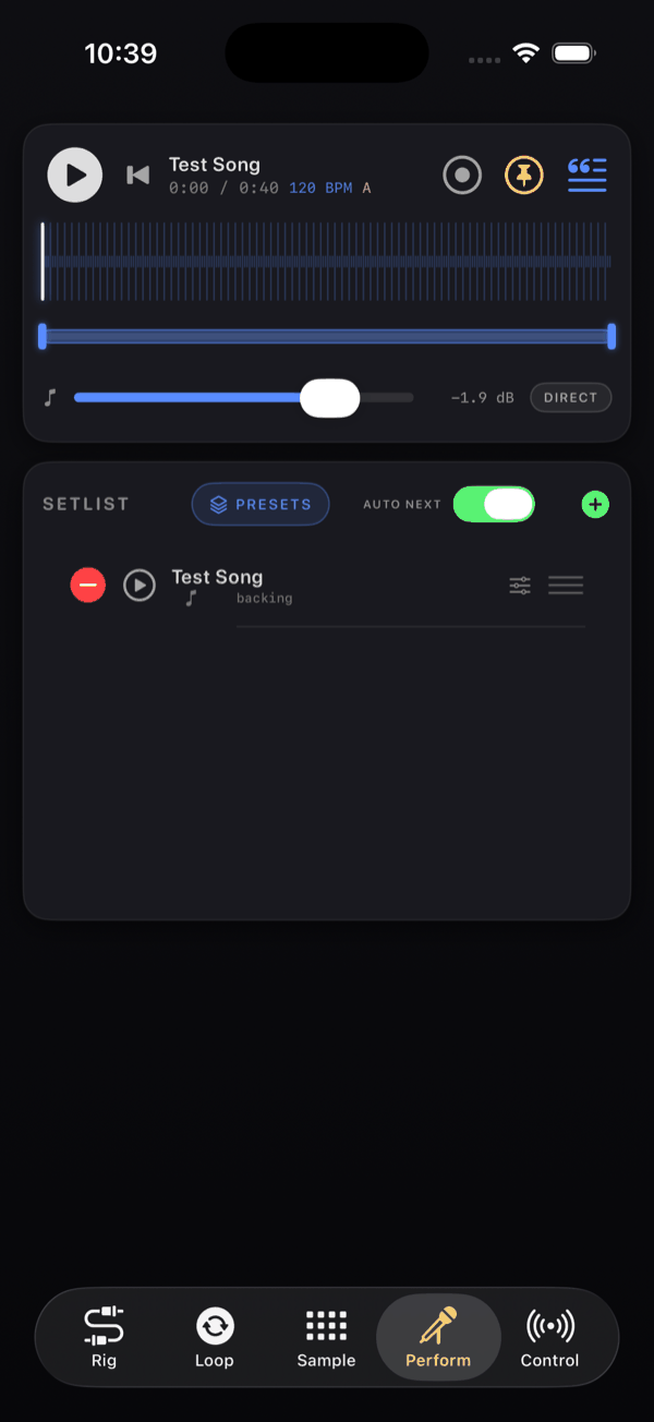 The Perform tab: the player card with Test Song loaded, its waveform timeline, 120 BPM and key A, and the DIRECT routing chip; below it the SETLIST card with AUTO NEXT switched on, and the RECORDINGS card at the bottom.