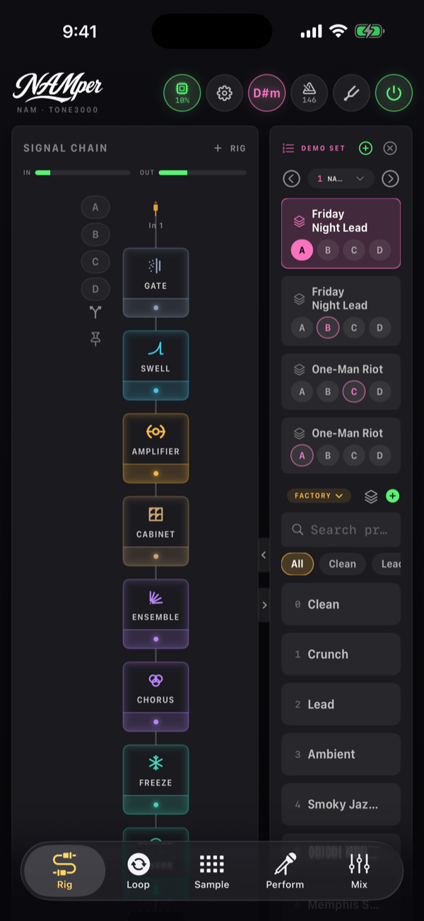 The Rig tab with an ambient chain: a Swell before the amp, then the cab, an Ensemble, a delay, a Freeze and a reverb, each block a tile in the chain.